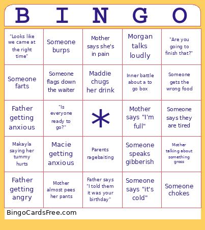 Out to Dinner Bingo