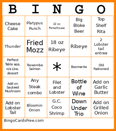 Outback Bingo Card
