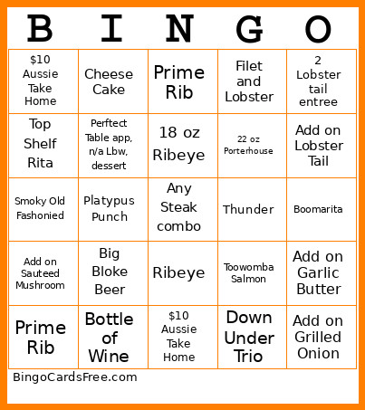 Outback Bingo Card