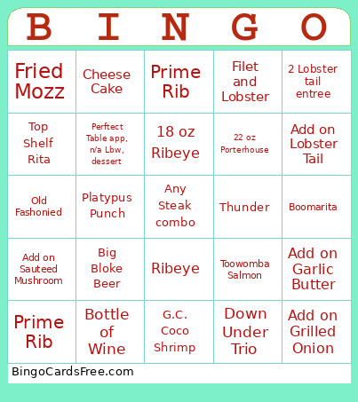 Outback Weekend Bingo Card