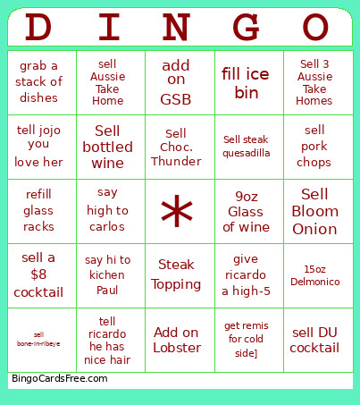 Outback Dingo Bingo Card