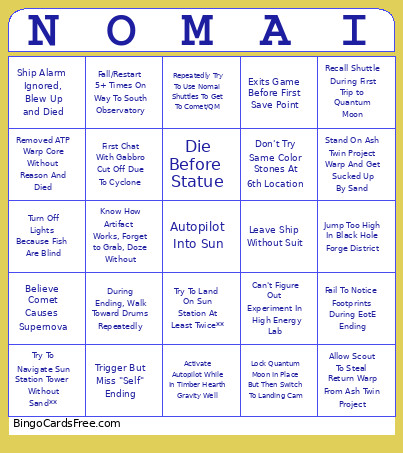 Outer Wilds Common Mishaps Bingo Card