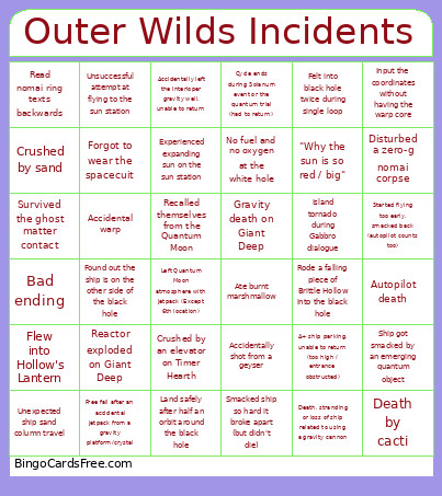 Outer Wilds Incidents Bingo Cards
