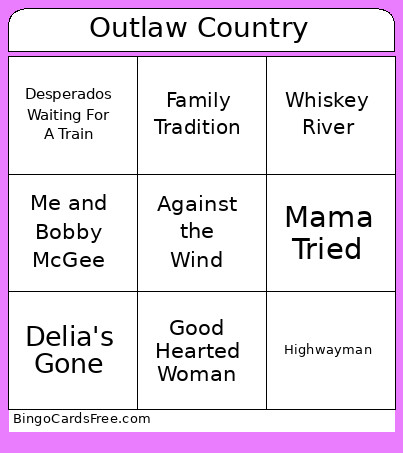 Outlaw Country Bingo Card