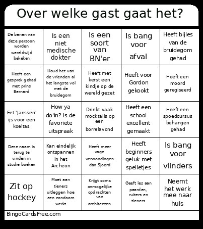 Over Welke Gast Gaat Het? Bingo Card