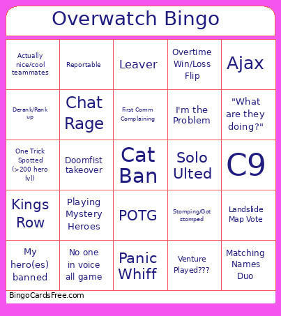 Overwatch 10.7.26 Bingo Card