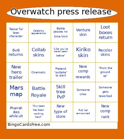 Overwatch Feb 12 Release Bingo Card