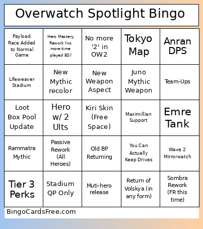 Overwatch Spotlight Bingo Card