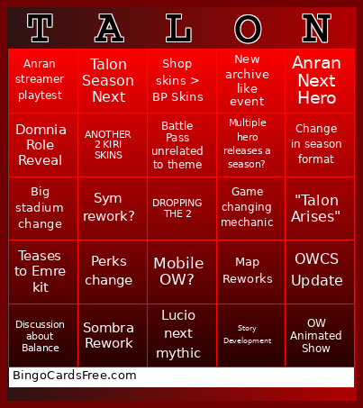 OW Spotlight Prediction Bingo Card
