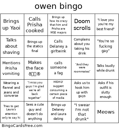Owen Bingo Card