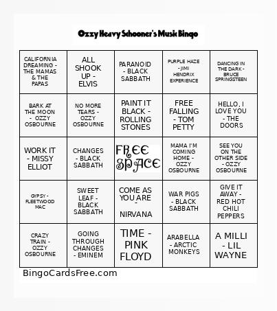 OZZY HEAVY SCHOONER'S MUSIC BINGO