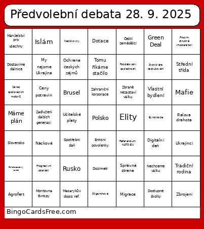 Předvolební Debata 28. 9. 2025 Bingo Card