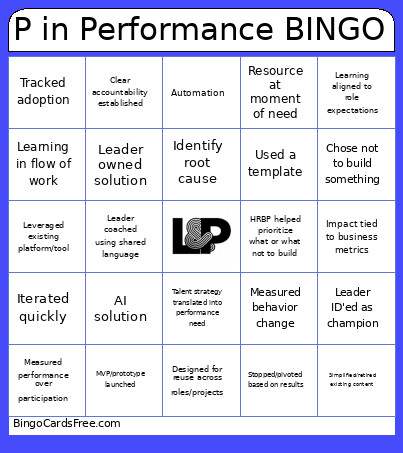 P In Performance Bingo Card
