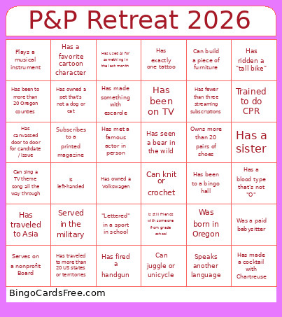 P&P Retreat 2026 Bingo Card