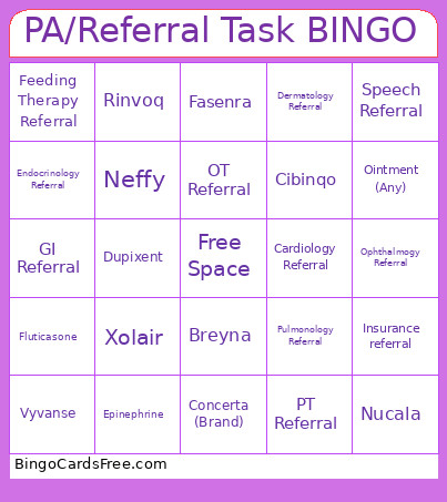 PA/Referral Task Bingo Card