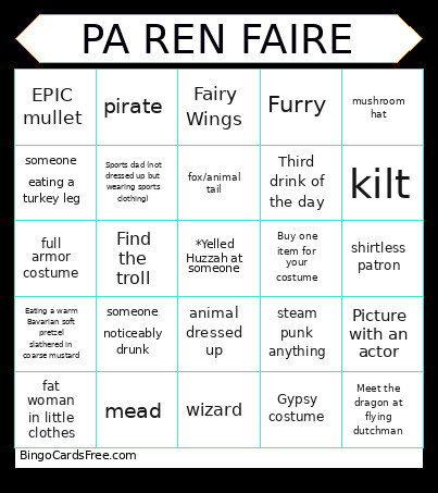 Pa Ren Faire Bingo Card