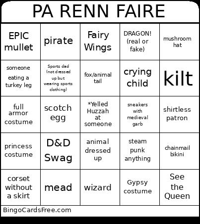 PA Renn Faire Bingo Card