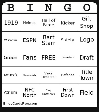 Packer Bingo Card