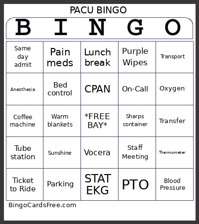 PACU Bingo Card