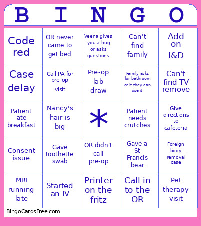 PACU Bingo Card