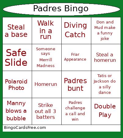 Padres Baseball Bingo