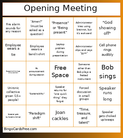 Padua Opening Meeting Bingo Card