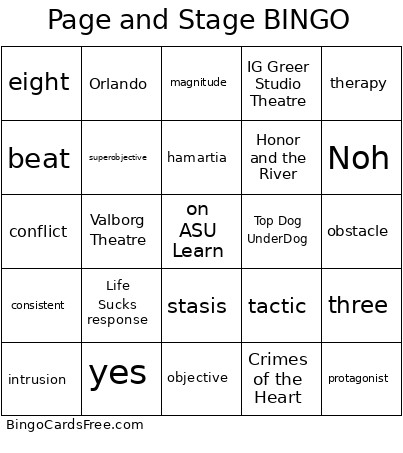 Page And Stage Bingo Card