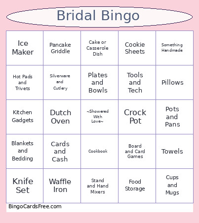 Page's Bridal Shower Bingo Card