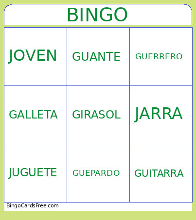 Palabras Bingo Card