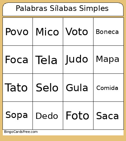 Palabras Sílabas Simples Bingo Card