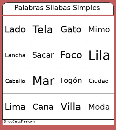 Palabras Sílabas Simples Bingo Card
