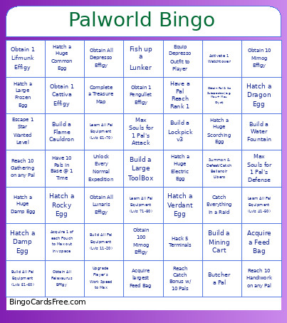 Palworld Bingo Card