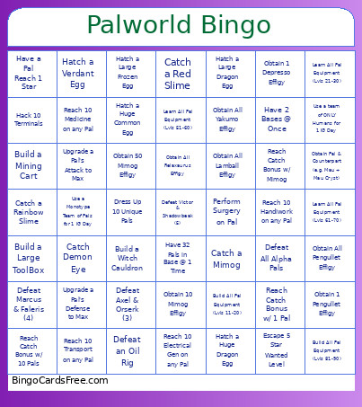 Palworld Board Bingo Card