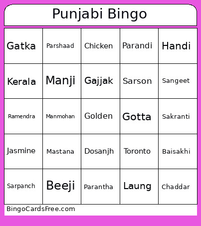 Panjabi Bingo Card