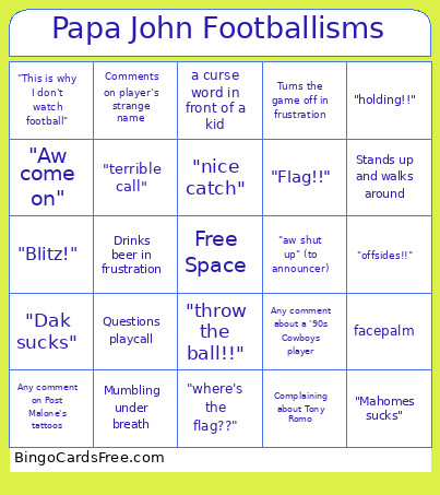 Papa John Footballisms Bingo Card