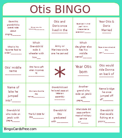 Papa Otis Bingo Card