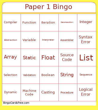 Paper 1 Bingo Card