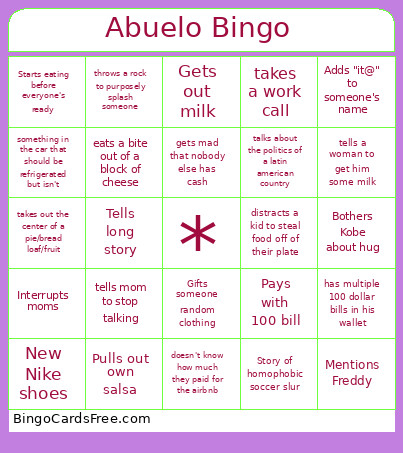 Papi Thanksgiving Bingo Card
