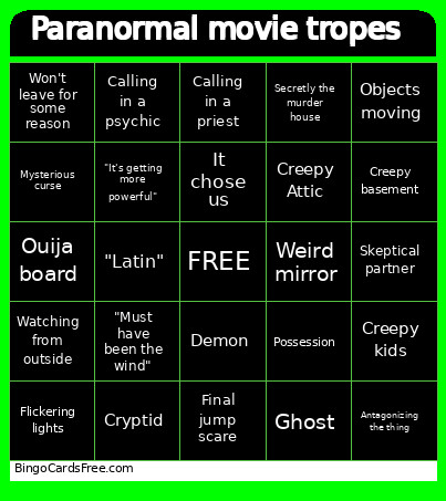 Paranormal Movie Tropes Bingo Card