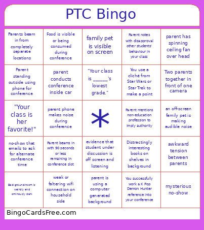 Parent/Teacher Conferences Bingo Card