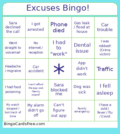 Parenting Time Excuse ! Bingo Card