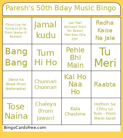 Paresh's 50th Bday Music Bingo