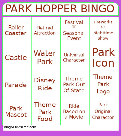 PARK HOPPER Bingo Card