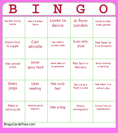 Partner's Summer School Bingo Card