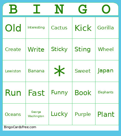 Parts Of Speech Bingo Card