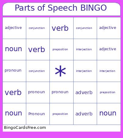 Parts Of Speech Bingo Card