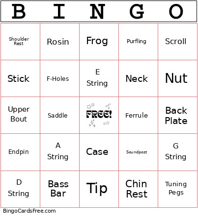 Parts Of The Violin & Bow Bingo Card