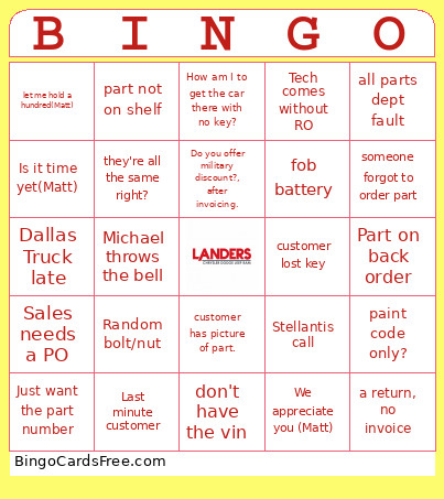 Parts Bingo Card