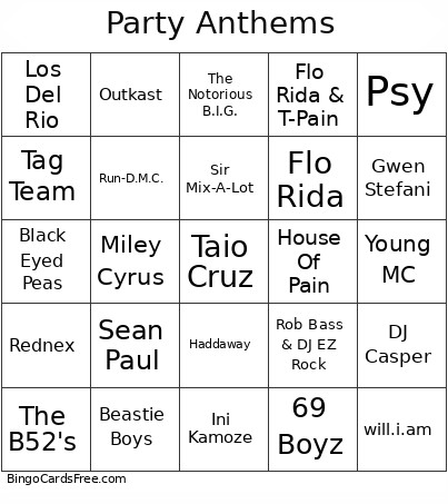 Party Anthems Bingo Card