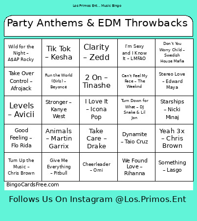Party Anthems & EDM Throwbacks Bingo Card